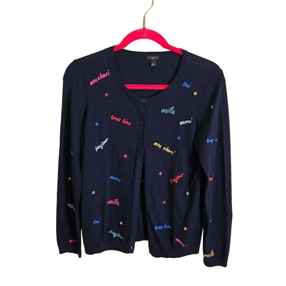 Talbots Charming Embroidered Navy Novelty Cardigan Sweater Size Sp - Picture 2 of 8
